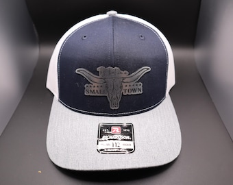Small Town Longhorn Hat – Western Leather Patch Cap – Richardson 112 Trucker (Navy/White/Gray)