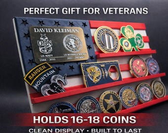 Custom American Flag Challenge Coin Display – Veteran Military Gift, Personalized Holder