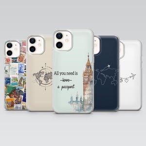 May include: A collection of phone cases with travel-themed designs. One case features a collage of stamps, while others display world maps, the London Big Ben, and the text "All you need is love - a passport."