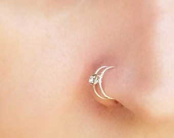 Fake Double Nose Ring - Rhinestone Nose Ring - Sterling Silver Faux Nose Ring - No Piercing Nose Cuff - 8mm Nose Ring