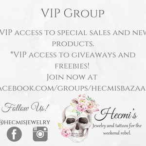 Puede incluir: Gr&aacute;fico promocional con el texto "VIP GROUP" en la parte superior. Anuncia acceso VIP a ventas, nuevos productos, sorteos y obsequios. Incluye identificadores de redes sociales y un gr&aacute;fico de calavera con detalles florales. La marca es "Hecmi's".