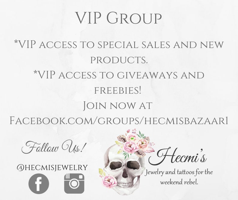 Puede incluir: Gr&aacute;fico promocional con el texto "VIP GROUP" en la parte superior. Anuncia acceso VIP a ventas, nuevos productos, sorteos y obsequios. Incluye identificadores de redes sociales y un gr&aacute;fico de calavera con detalles florales. La marca es "Hecmi's".