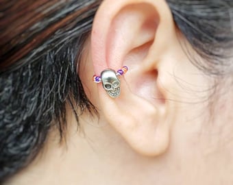 Skull Ear Cuff - Halloween Jewelry - Faux Ear Cuff - No Piercing Ear Cuff - Conch Earring Fake - Silver Ear Cuff