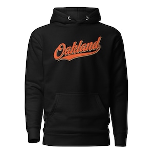 Oakland Schwarzer Baseball Hoodie, Orange & Schwarzes Skript, Bay Bereich