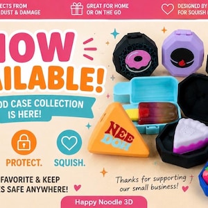 May include: A collection of colorful, small, hinged plastic cases designed to hold squishy toys. The cases are shaped like octagons, triangles, and rectangles in black, blue, and orange. Some cases are open, revealing miniature food-themed squishies.