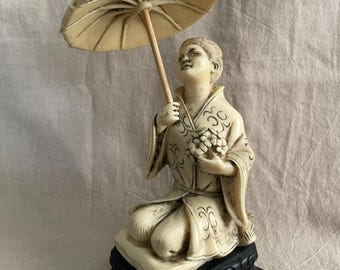 Resin Asian Woman Figurine Kneeling Holding Parasol and Flowers