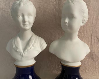 Vintage Limoges Bisque Porcelain Busts on Blue Bases