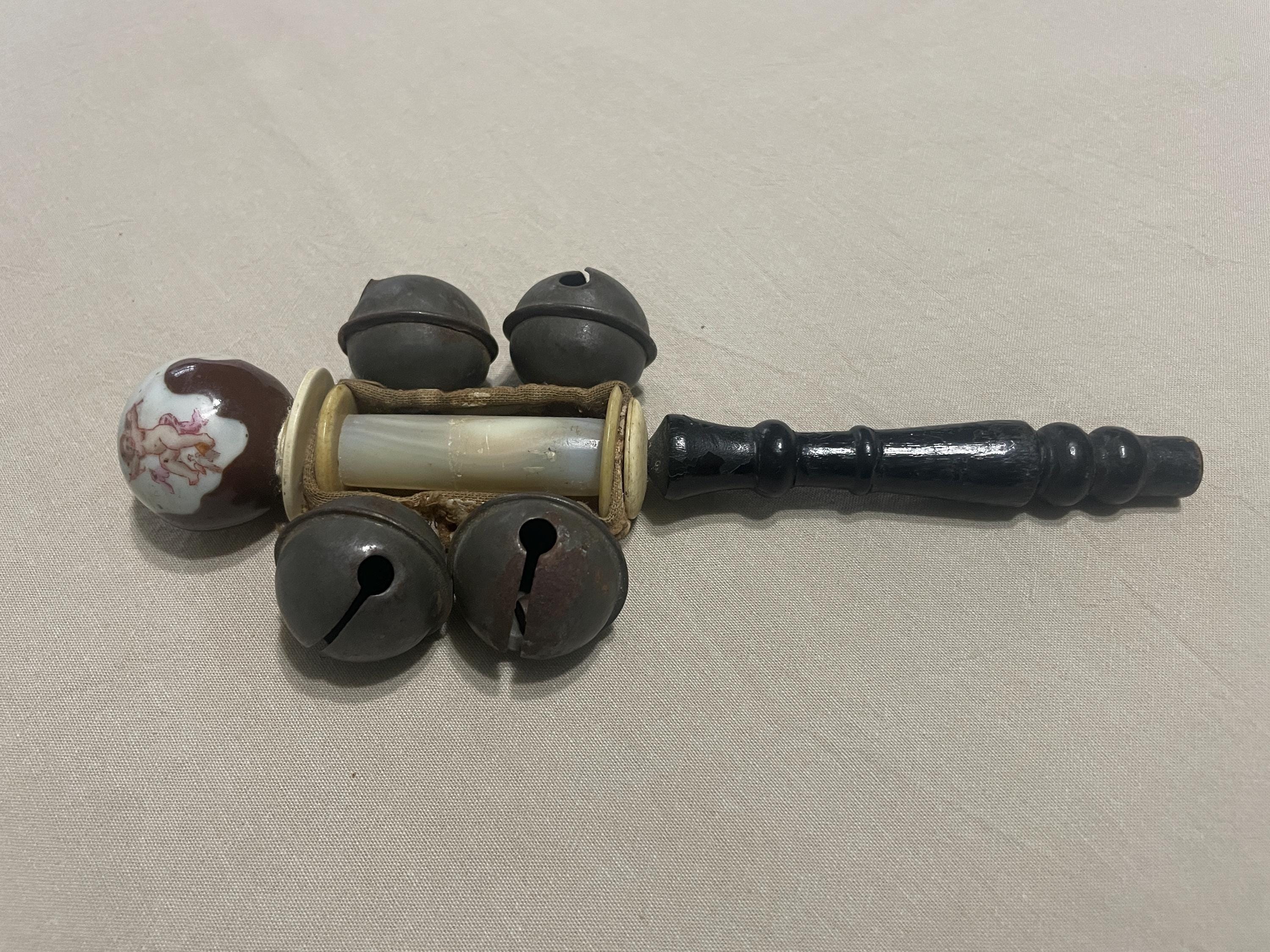 Antique Baby Rattle Wood Handle Porcelain Ball Metal Bells Mother of ...