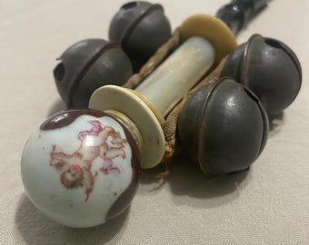 Antique Baby Rattle Wood Handle Porcelain Ball Metal Bells Mother of Pearl