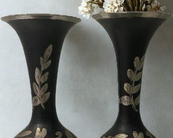 Vintage Small Black Metal Vases with Engraved Silver Floral Design