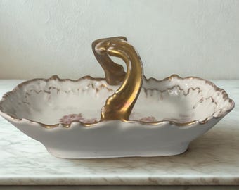 Antique Elite Limoges France Tray with Center Handle, Gold Trim & Floral Design