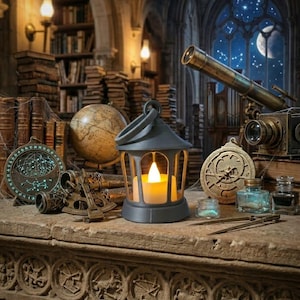 May include: A dimly lit scene featuring a gray lantern with a lit candle, a globe, and a telescope. Other items include a celestial clock, books, and a vintage camera. The background shows a night sky with a moon and stars.