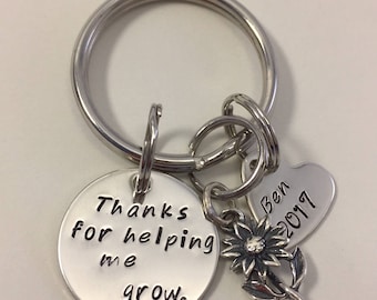 Teacher Keychain/End of Year/Graduation Gift - Thanks for Helping Me Grow - Personalized Sterling Silver Keychain