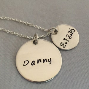 Engraved Mom Necklace - Child&#39;s Name and Birth Date Tag - Personalized Sterling Silver - Gift for Mom