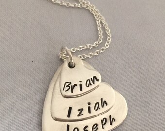 Mom Necklace/Jewelry - Personalized Sterling Silver Heart Three Stack Necklace with Children's Names