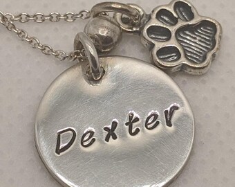 Dog Name Necklace with Dog Paw - Personalized Sterling Silver