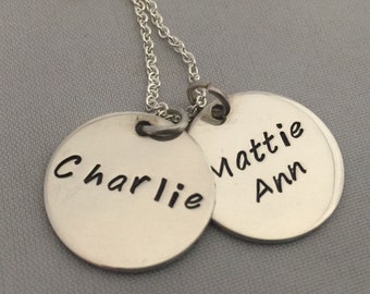 Engraved Mom Necklace - Personalized Sterling Silver Mom Necklace with Child's Name - TWO DISCS - Mother's Day Gift