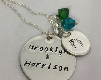 Mom Necklace with Children's/Kid's Names & Baby Feet Tag - Personalized Sterling Silver - Gift for Mom