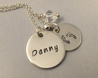 Mom Necklace with Engraved Child's Name & Baby Feet Tag - Personalized Sterling Silver - Gift for Mom