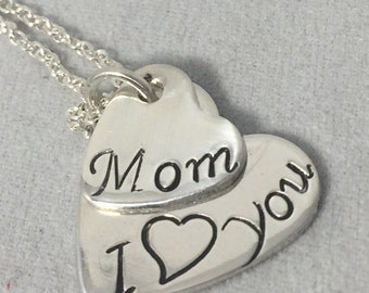 Mom Necklace with Two Hearts - Sterling Silver - I Love You Mom - Personalized