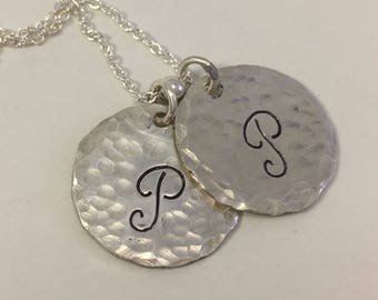 Monogram Initial Mom Necklace - Hand Stamped - Personalized Sterling Silver - Hammered - TWO DISCS