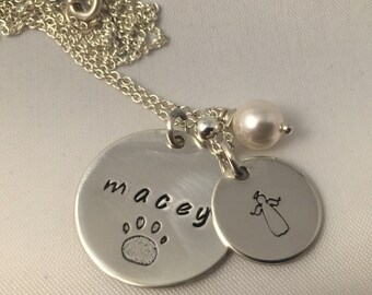 Dog Memorial Necklace -Paw Print and Name with Angel - Personalized Sterling Silver