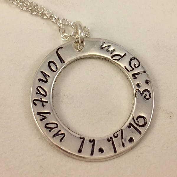 Mom Necklace - Personalized Jewelry/Necklace - Sterling Silver Washer with Name, Birthday, Birth Weight - Hand Stamped