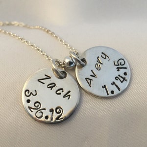 Hand Stamped Mom Necklace in Sterling Silver - Name and Birthdate - Gift for Mom