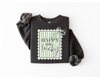 Happy Go Lucky Crewneck Sweatshirt, St. Patrick’s Day Pullover, Green Lucky Sweatshirt, Cute Shamrock Bow Graphic Crewneck