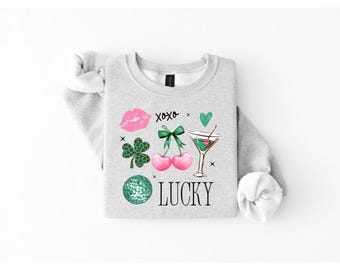 Lucky Crewneck Sweatshirt, St Patrick’s Day Sweatshirt, Pink and Green Lucky Shirt, Cute Shamrock Cherry Graphic Crewneck