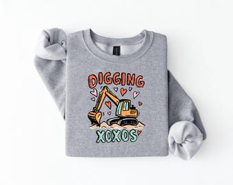 Digging XOXOs Kids Crewneck Sweatshirt, Valentine Construction Shirt for Boys, Excavator Valentine Outfit, Toddler & Kids Sweatshirt