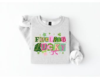 Feeling Lucky Crewneck Sweatshirt, St Patrick’s Day Sweatshirt, Pink and Green Lucky Shirt, Cute Shamrock Crewneck