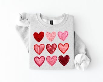 Faux Yarn Heart Sweatshirt – Adult Valentine’s Day Crewneck, Cozy Heart Print Pullover, Cute Valentine Outfit, Knit Look Sweatshirt
