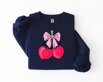 Cherry Bow Sweatshirt | Cute Valentine Crewneck | Coquette Cherry Shirt | Pink Bow Graphic Sweatshirt | Girly Aesthetic Top