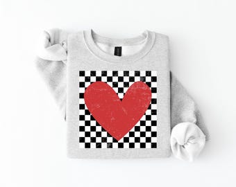 Checkered Heart Sweatshirt, Valentine’s Day Crewneck, Retro Heart Sweatshirt, Pink Valentine Sweatshirt, Cute Valentine Gift for Her