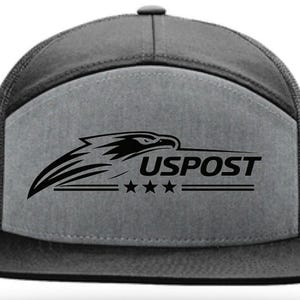 May include: A grey and black trucker cap featuring a solid grey front panel with a black graphic of an eagle head, the text USPOST, and three stars. The cap has a flat black peak and mesh side panels, with a button on the top centre of the crown.