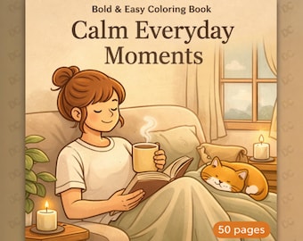 May include: A coloring book cover with the title "Calm Everyday Moments." The illustration shows a person reading in bed, holding a mug, with a cat nearby. The cover also includes the text "Bold & Easy Coloring Book" and "50 pages."