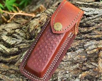 Handmade Genuine Engraved Leather Sheath FOR 6" Folding Pocket Knife