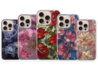Stained Glass Floral Phone Case Garden Flowers Cover for iPhone 17 Pro Max, 16e, 15, 14, 13 & Samsung S26 Ultra, S25 FE, A57, A56, Pixel 10