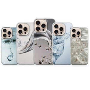 May include: A collection of five phone cases featuring water-themed designs. Each case showcases a different image of water, including splashes, bubbles, and flowing liquid, in shades of blue, gray, and white. The cases have a clear border and a camera cutout.