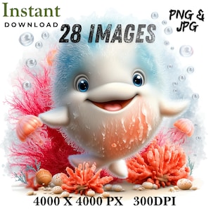 May include: A digital illustration of a smiling, fluffy, cartoon-like creature with blue eyes and a white body with peach accents. The image includes text that says "Instant Download" and "28 Images". The background features coral, jellyfish, and bubbles.