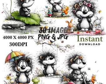 Whimsical Clipart Hedgehog Bundle, Spring Woodland, Hedgehog PNG & JPG, Spring Décor, Watercolor Clipart, Digital Download, (30 Pack)