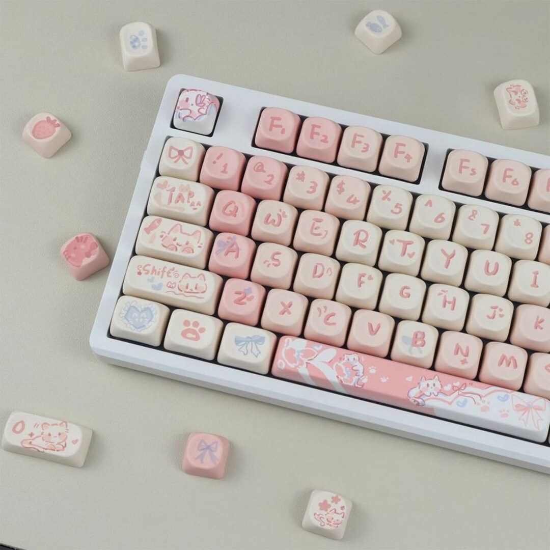 Cute Kawaii Pink Cat Themed Keycap Set, Pastel Keycaps for Mechanical ...