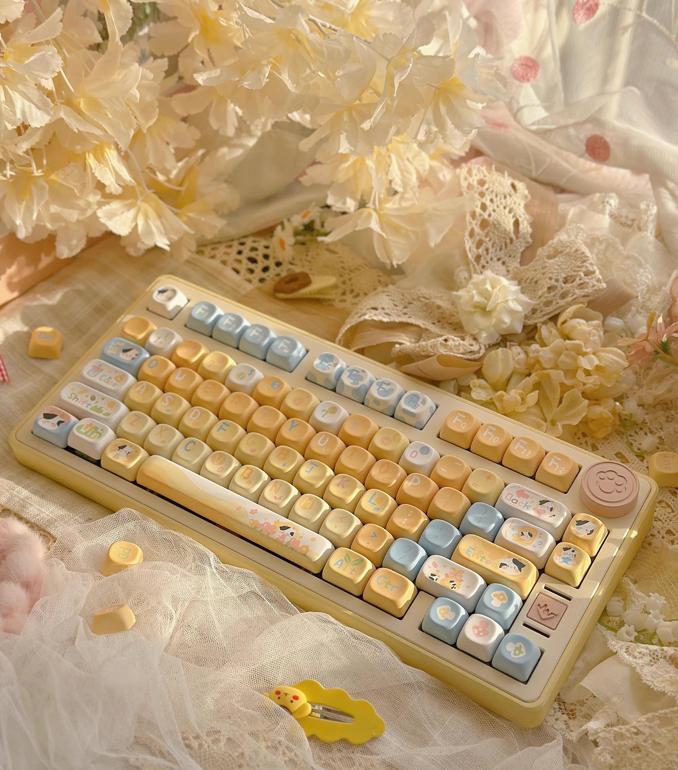 Kawaii Keycap Set for Mechanical Keyboard, Cute Pastel Floral Artisan ...