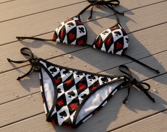 Playing Card Diamond Bikini Harlequin Style Swimsuit Tie-Side Triangle Swim Black White Graphic Swimwear