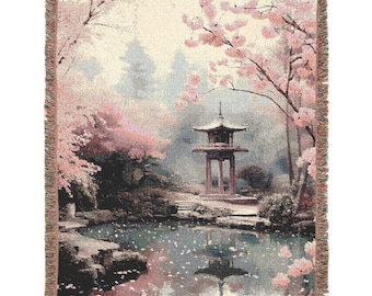 Cherry Blossom Pagoda Woven Blanket Sakura Landscape Throw Japanese Aesthetic Blanket Mothers Day Gift for Mom