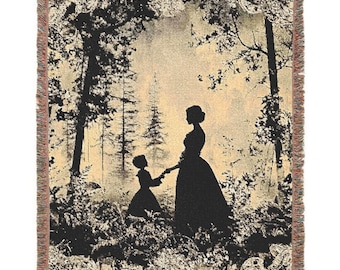 Mother Daughter Blanket Mothers Day Gift for Mom Woodland Silhouette Woven Throw Dark Cottagecore Forest Blanket Birthday Gift for Her