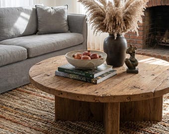 Mesa de centro redonda de madera rústica – Japandi 2.0, hecha a mano, de madera reciclada – Muebles de salón rústicos