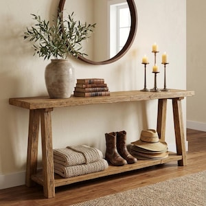 May include: A rustic wooden console table with a lower shelf, holding folded blankets, cowboy boots, and a straw hat. The top shelf displays a vase with greenery, books, and candle holders with lit candles. A round mirror hangs above.