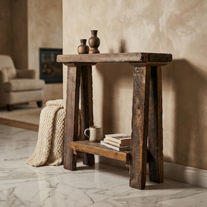 May include: A rustic, wooden console table with a lower shelf. Two small, brown vases sit on top. A mug and books are on the shelf. The table is made of reclaimed wood and has a natural, weathered finish. The table is 36 inches long, 12 inches wide, and 30 inches high.